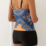 Tankini til kvinder – Justerbare stropper – Tribalmønster – Tætsiddende snit – Shorts til midt på låret