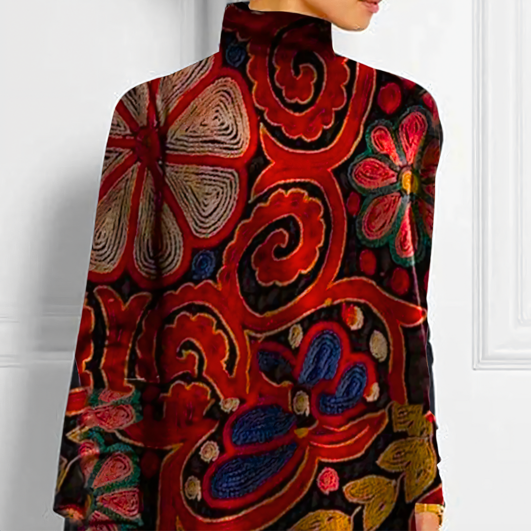 Dametop – Asymmetrisk snit – Åndbart, flydende stof – Lange ærmer – Grafisk print