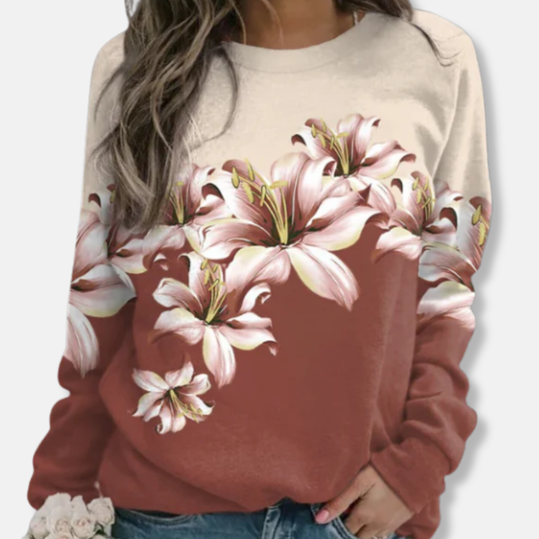Damesweatshirt - Blød strik - Afslappet pasform - Rund hals - Lange ærmer - Blomsterprint