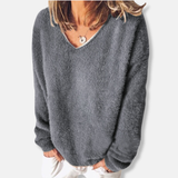 Damesweatshirt - Plysstrik - Afslappet pasform - V-hals - Lange ærmer
