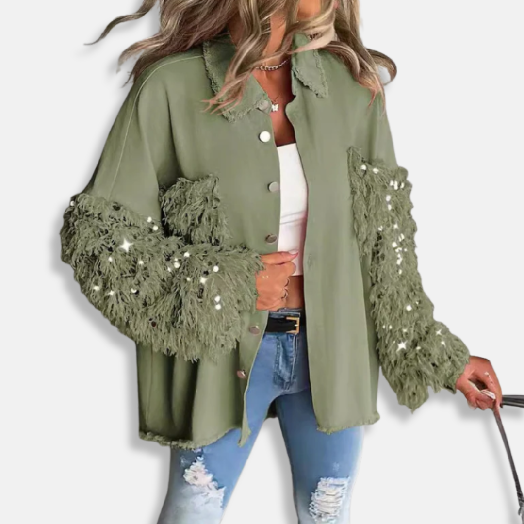 Dame denimjakke - bomuldsblanding - oversized pasform - tunikalængde - flossede kanter