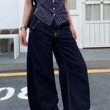 Retro jeans med vide ben og ensfarvet diamantdetaljer