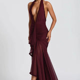 Sexet havfrue-aftenkjole med dyb halsudskæring og åben ryg