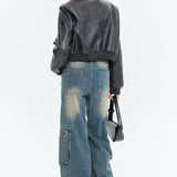 PU-læder pilotjakke med lynlås