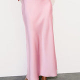 Højtaljet, tætsiddende lige midi-nederdel i satin