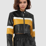 Farveblok PU kort jakke