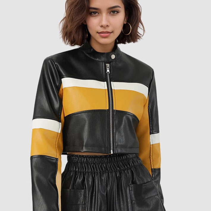 Farveblok PU kort jakke