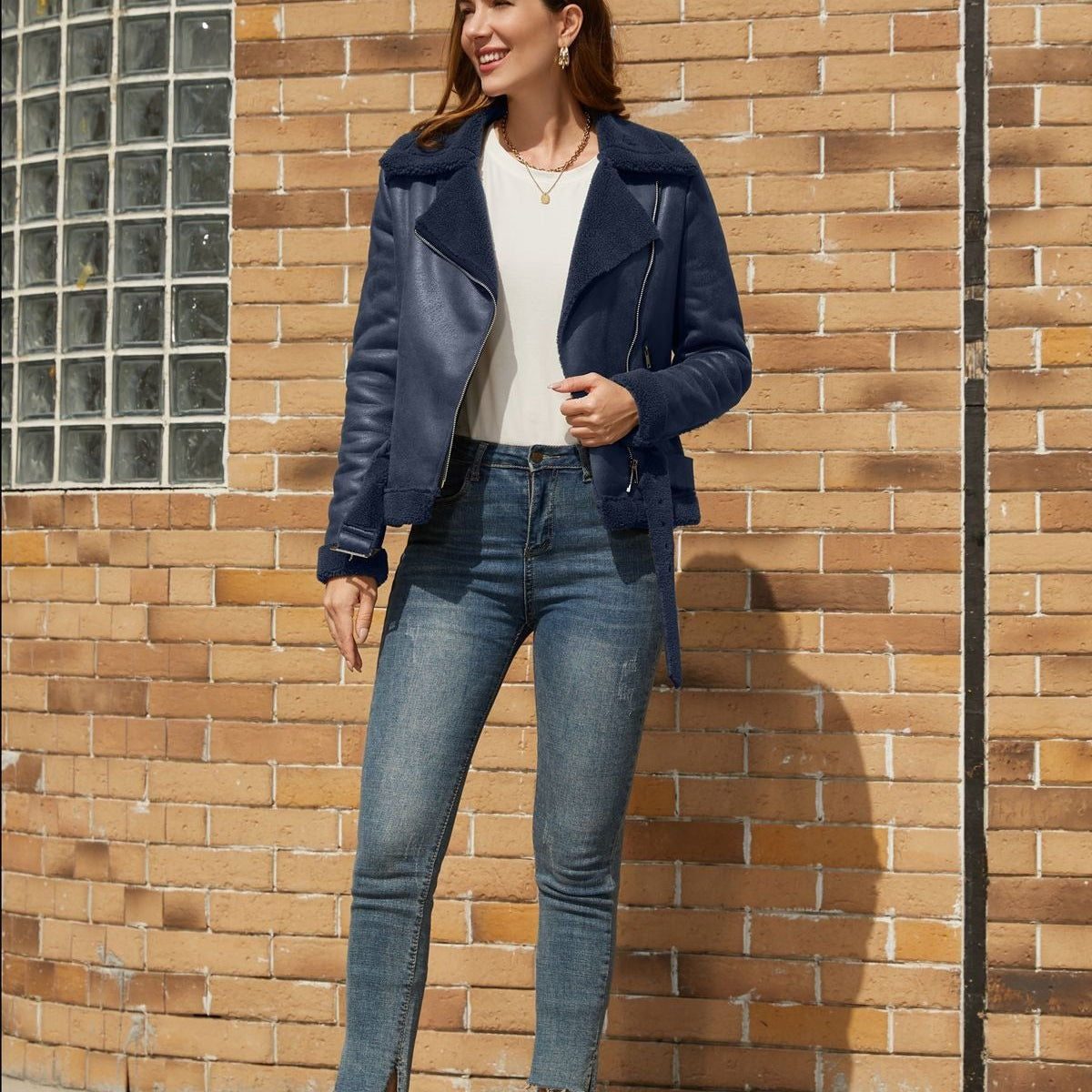 Ruskindsjakke foret med fåreskind og bælte