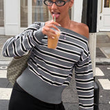 Stribet off-shoulder, langærmet sweaterbluse, farveblok