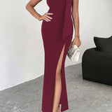 Rygløs aftenkjole med bindedetalje og høj slids