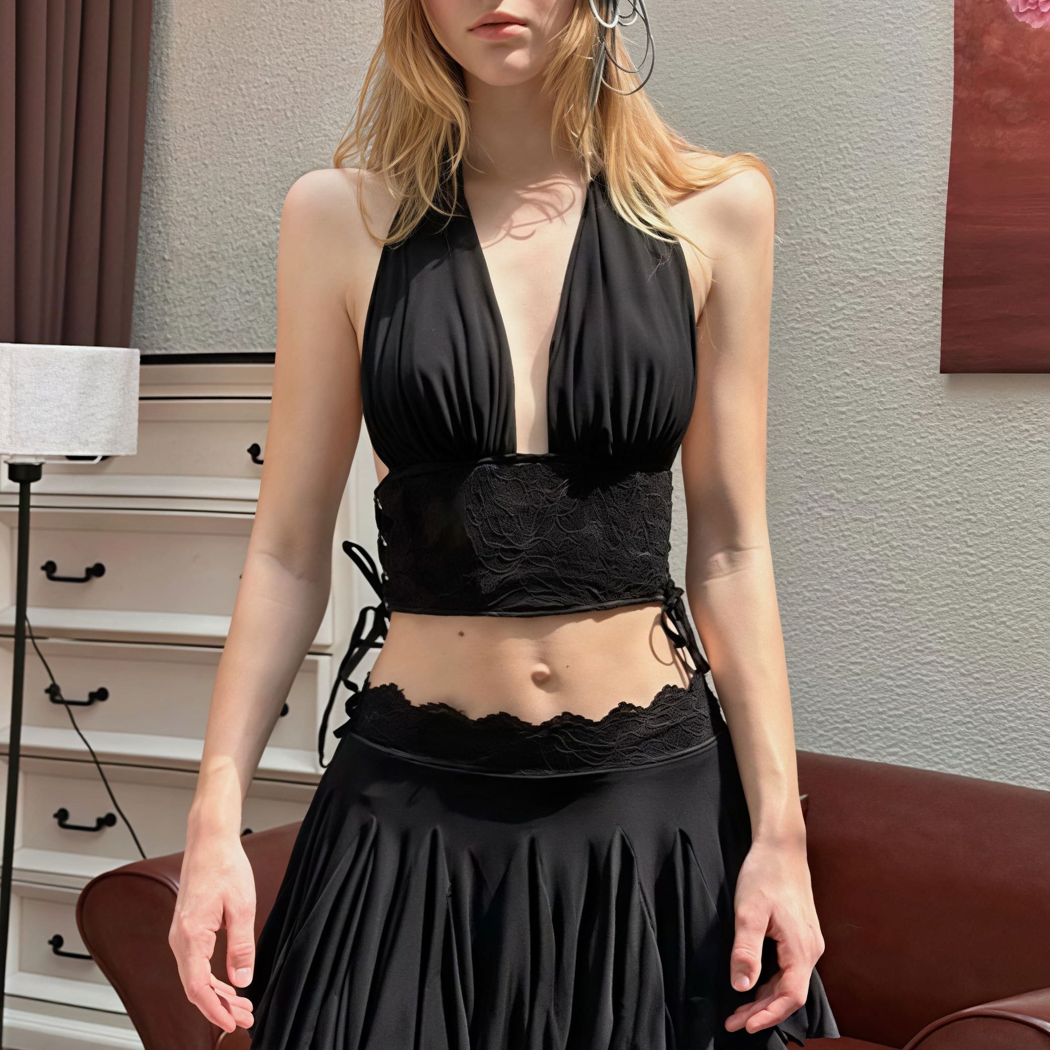 Hellangt blonde bodycon-nederdelsæt uden ryg med dyb V-udskæring