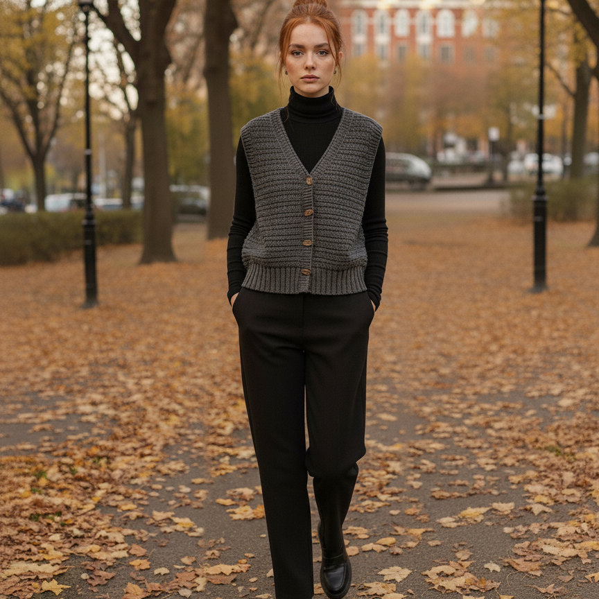 Ærmeløs strikcardigan til kvinder – Knaplukning foran – Afslappet chic look