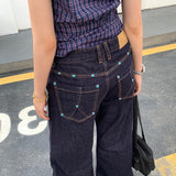 Retro jeans med vide ben og ensfarvet diamantdetaljer