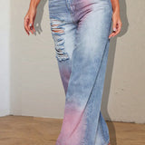 Rippede jeans med farveblokke og blækstænkeffekt