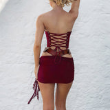 Retro korsetsæt, pandebånd, bodycon-nederdel i udskåret læder