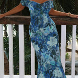 Sexet, stropløs, printet, flæset, bodycon maxikjole