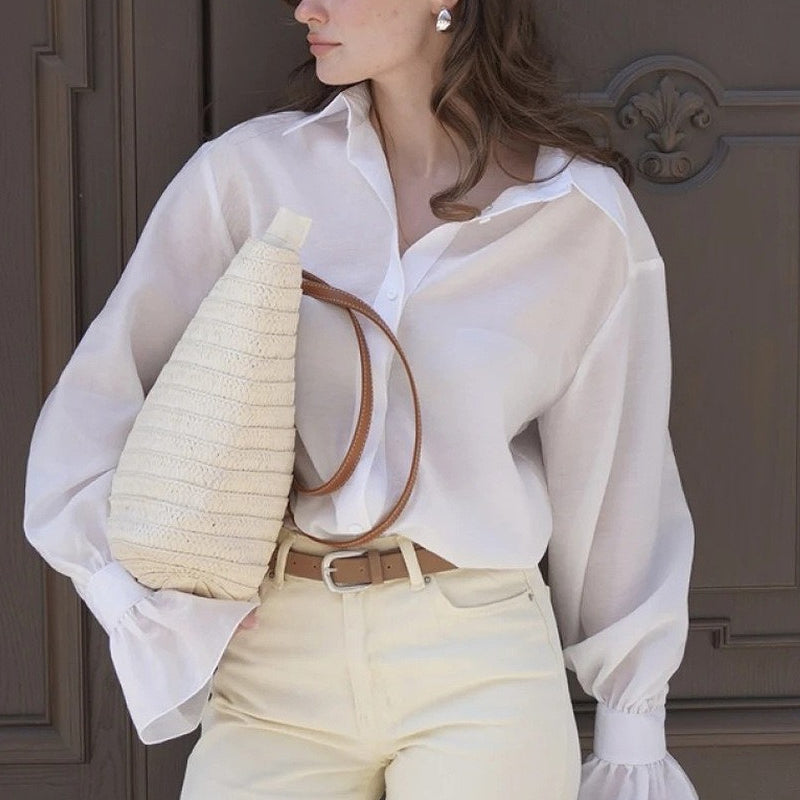 Langærmet bluse med knapper foran i Tencel