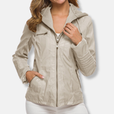 Dame læderjakke – Slim fit – Hætte – Lynlåslommer – Taljelængde