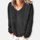 Damesweatshirt - Plysstrik - Afslappet pasform - V-hals - Lange ærmer