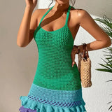 Hæklet strandkjole – flæset, trefarvet, rygløs til kvinder