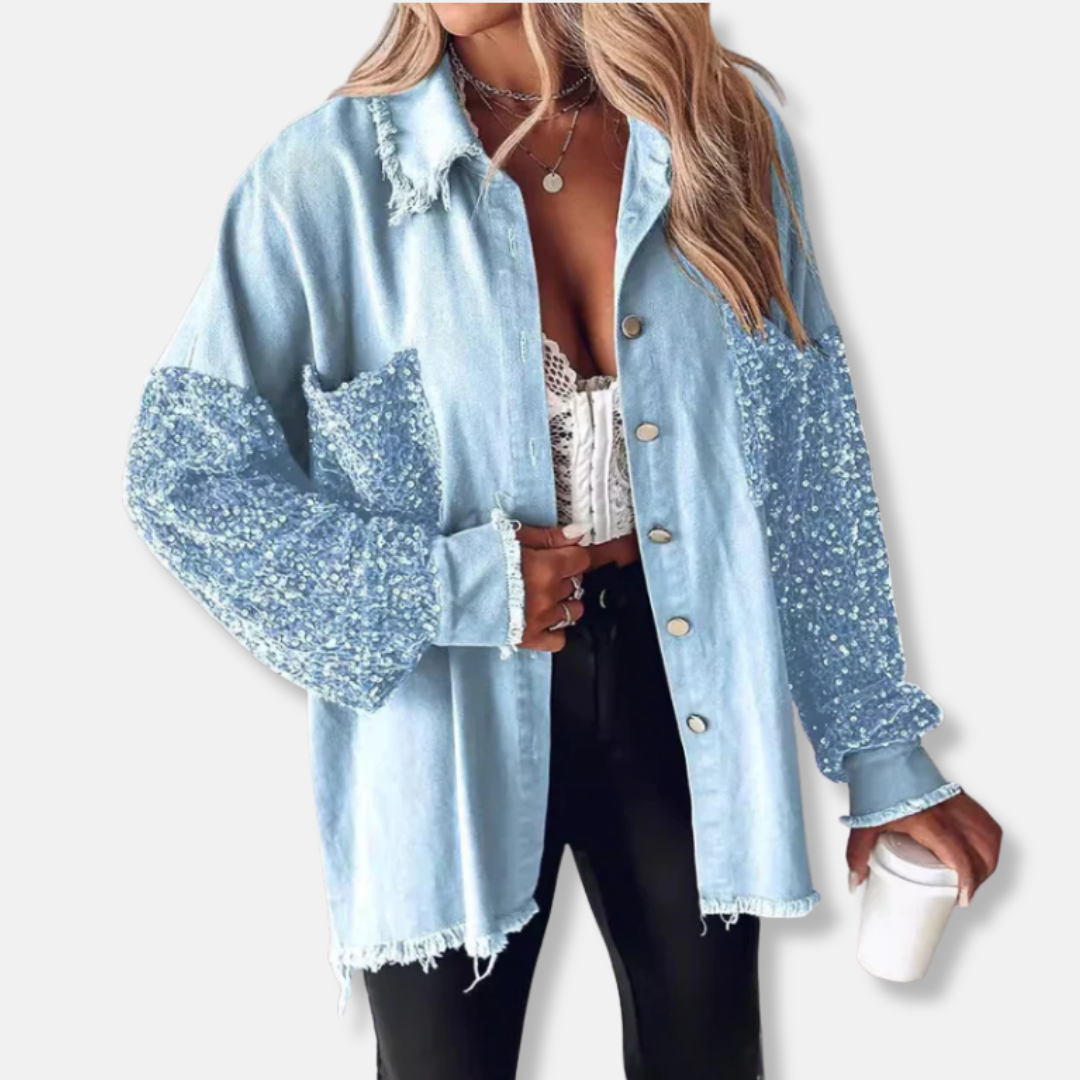 Dame denimjakke - bomuldsblanding - oversized pasform - tunikalængde - flossede kanter