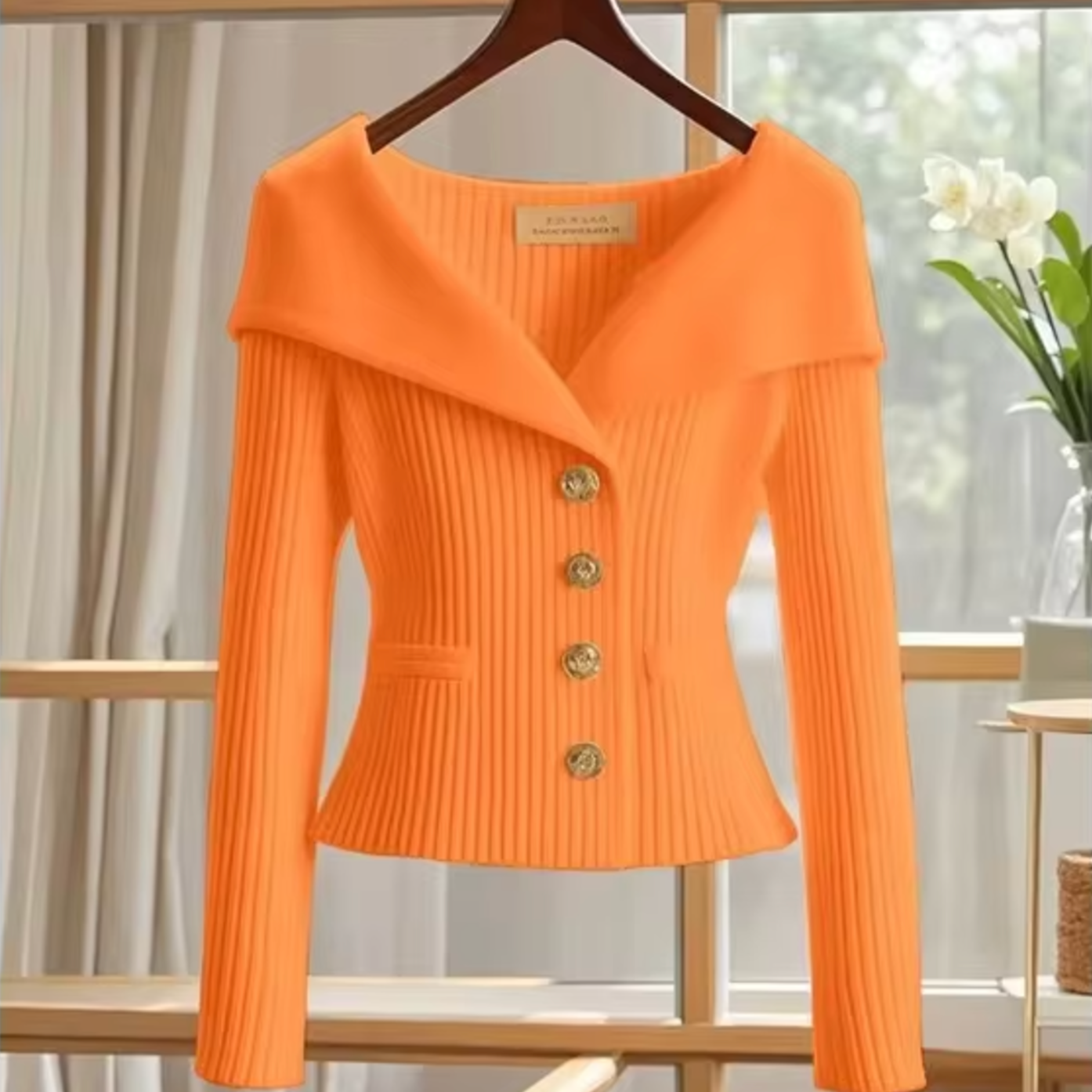 Kort cardigan til kvinder – Blød strik – Tætsiddende snit – Bred krave – Synlige knapper