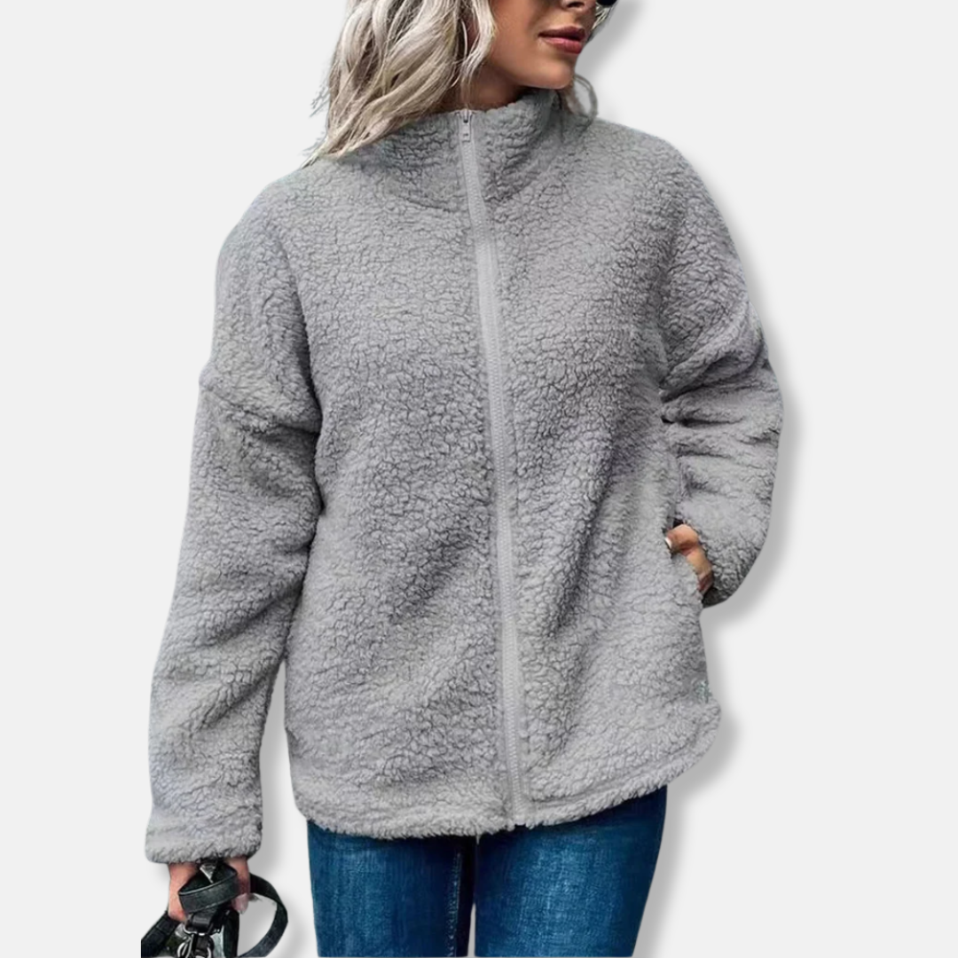 Dame fleecejakke – Oversized pasform – Høj krave – Lynlåslukning
