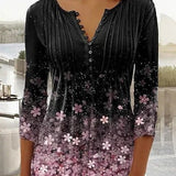 Dametop – Blomsterprint – Løstsiddende – 3/4-ærmer – V-hals med knap – Let stof