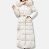 Lang damefrakke – Quiltet isolerende – Bælte – Hætte i kunstpels