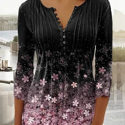 Dametop – Blomsterprint – Løstsiddende – 3/4-ærmer – V-hals med knap – Let stof