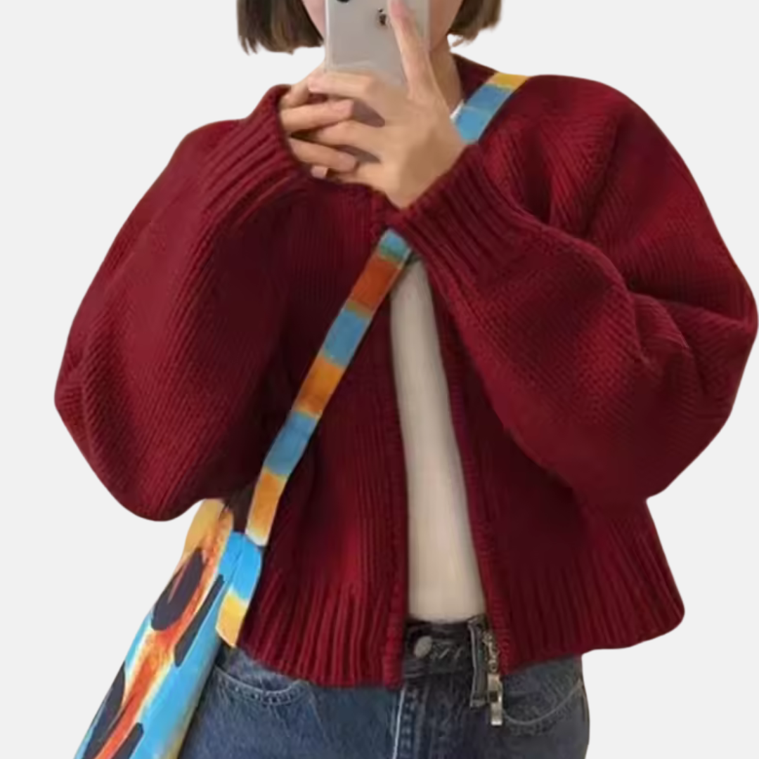 Damecardigan – Uldstrik – Afslappet pasform – Kort – Lange ærmer – Rund hals