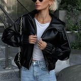 Oversized streetwear-jakke med hætte i sort kunstlæder