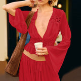 Sexet sæt med nederdel og top i blonde og transparent chiffon med bindelukning