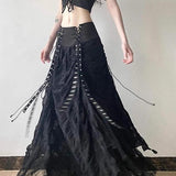 Y2K Gotisk Stil Snøre-Up Patchwork Maxi Nederdel