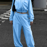 Dame joggingsæt - Kort lynlåsjakke med hætte - Højtaljede bukser