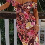 Sexet, stropløs, printet, flæset, bodycon maxikjole