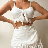 Damebikini – Sæt med to dele – Bindebånd foran – Broderi med huller – Flæsenederdel