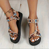 Damesandaler - Komfortabel flad sål - Justerbare stropper - Geometrisk mønster