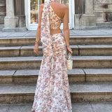 Ærmeløst sæt med én skulder i to dele, lyserødt og lilla blomsterprint