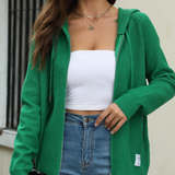 Ensfarvet cardiganvest med hætte, lynlåslukning og snøre