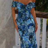 Sexet, stropløs, printet, flæset, bodycon maxikjole