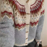 Fair Isle strikcardigan med rund hals og hornknapper, rund hals