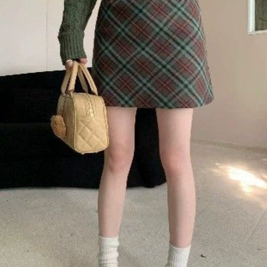 Vintage kort nederdel i højtaljet, tætsiddende, ternet tweed