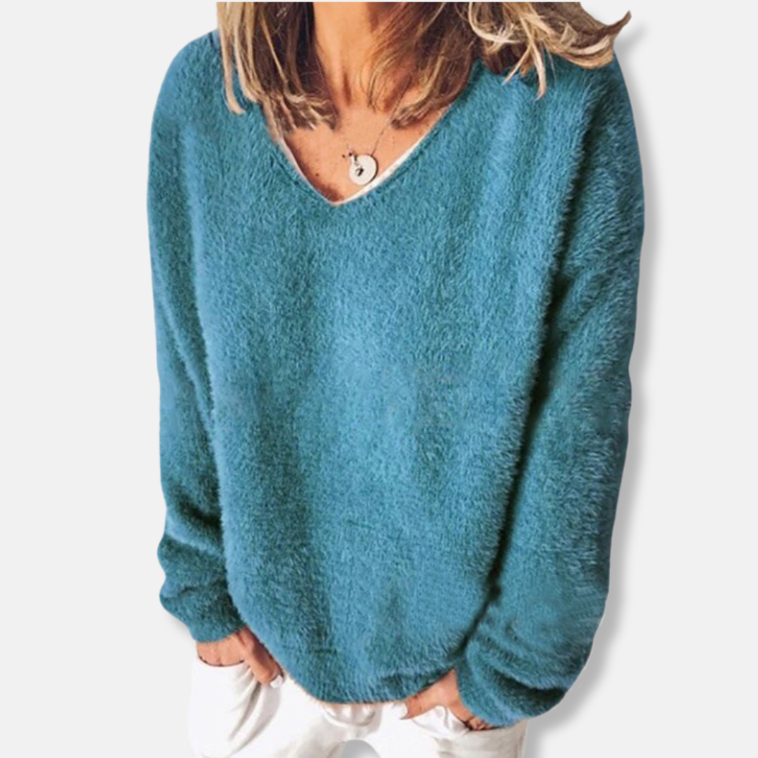 Damesweatshirt - Plysstrik - Afslappet pasform - V-hals - Lange ærmer