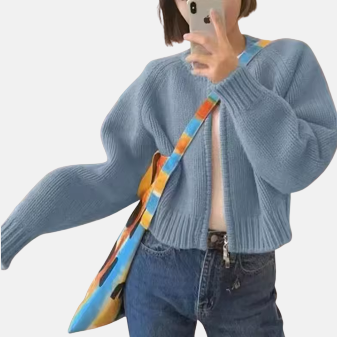 Damecardigan – Uldstrik – Afslappet pasform – Kort – Lange ærmer – Rund hals