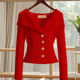 Kort cardigan til kvinder – Blød strik – Tætsiddende snit – Bred krave – Synlige knapper