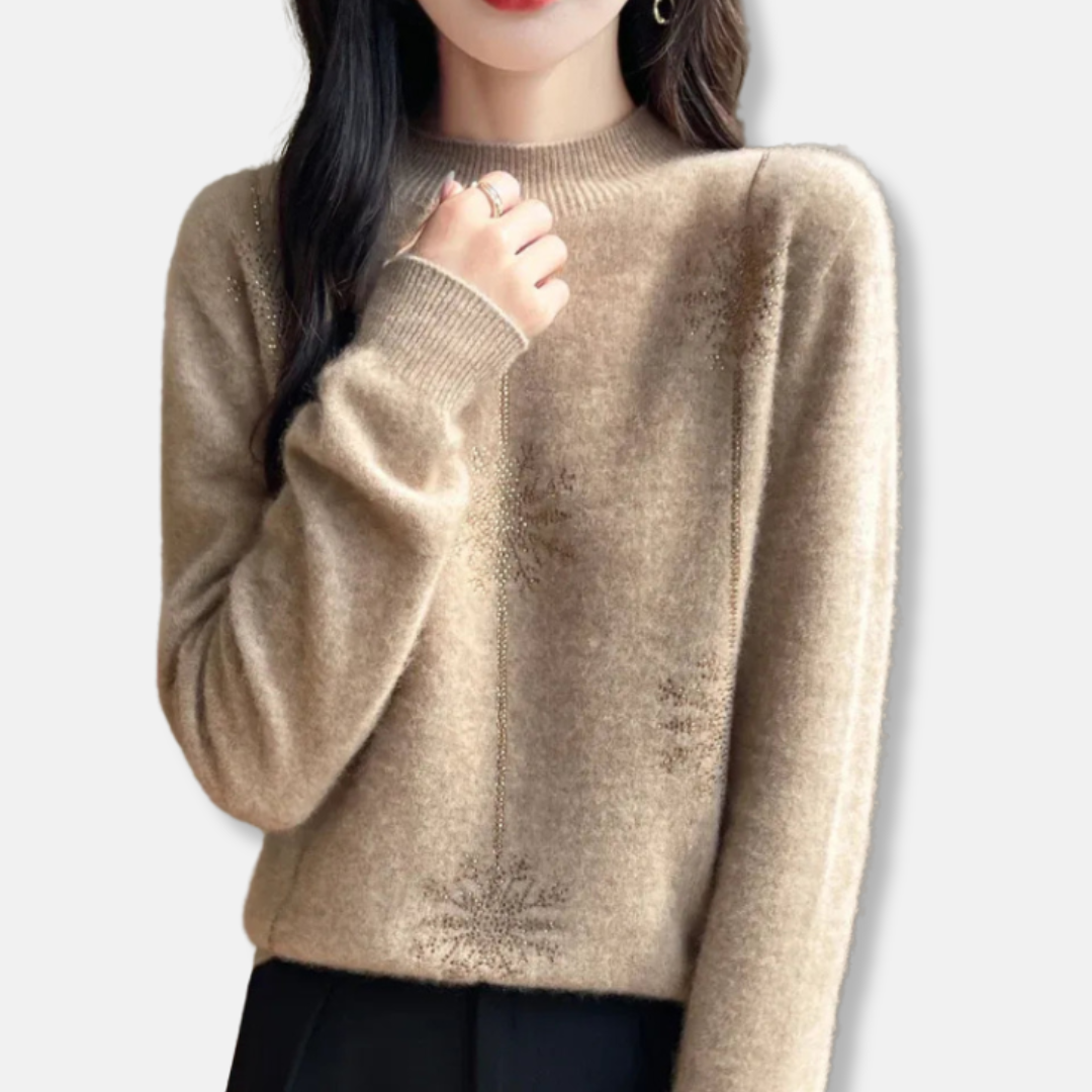 Dametrøje - Plysstrik - Afslappet pasform - Ribbet rullekrave - Glitrende snefnugmønster