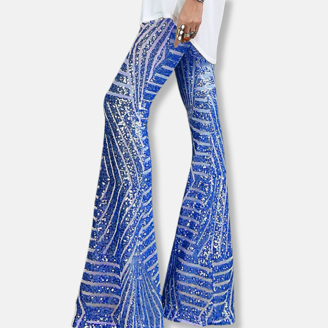 Damebukser – Høj talje – Vide ben – Geometriske pailletter – Fuld længde