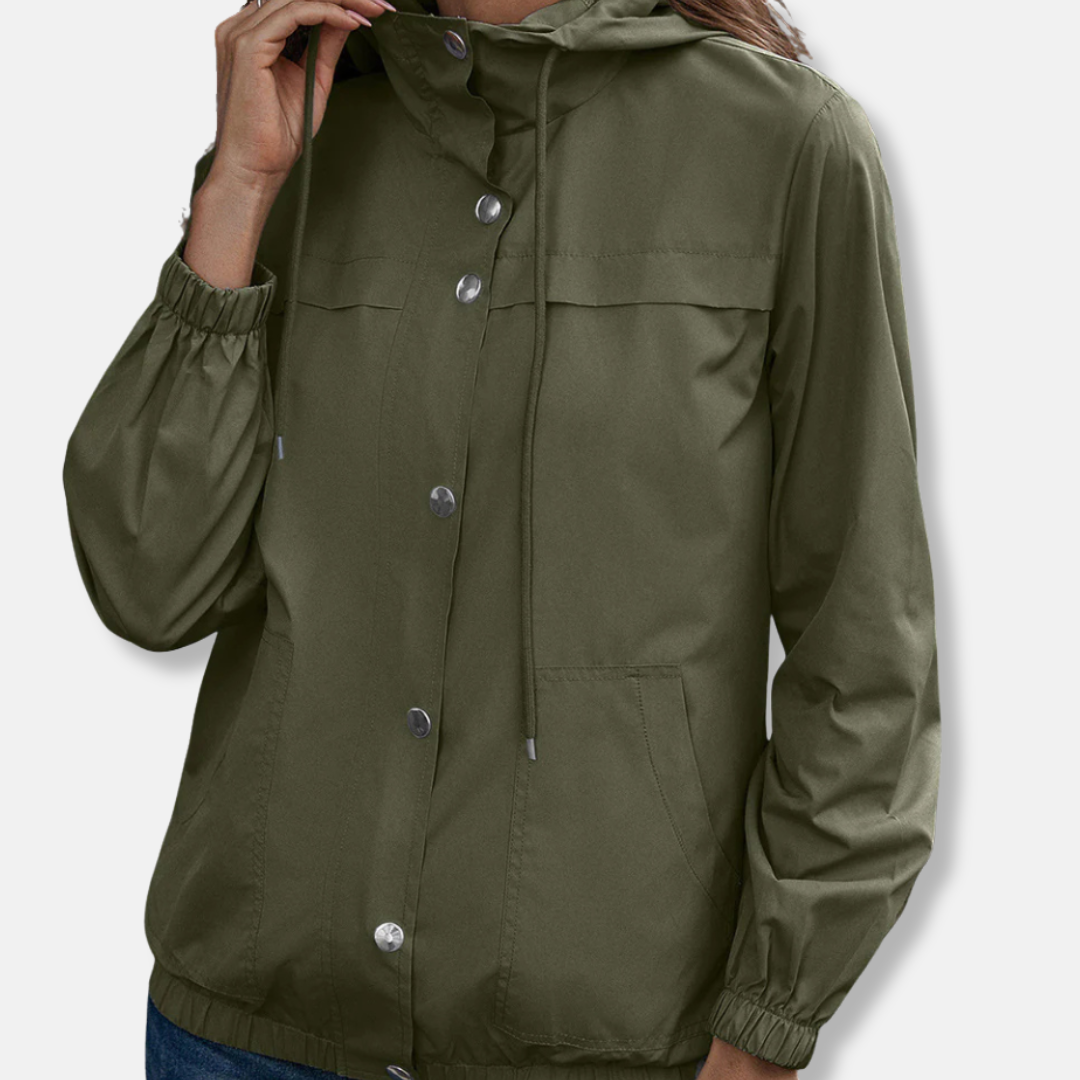 Damejakke til friluftsbrug – Løs pasform – Vandtæt – Hætte – Lynlås og knapper – Lommer