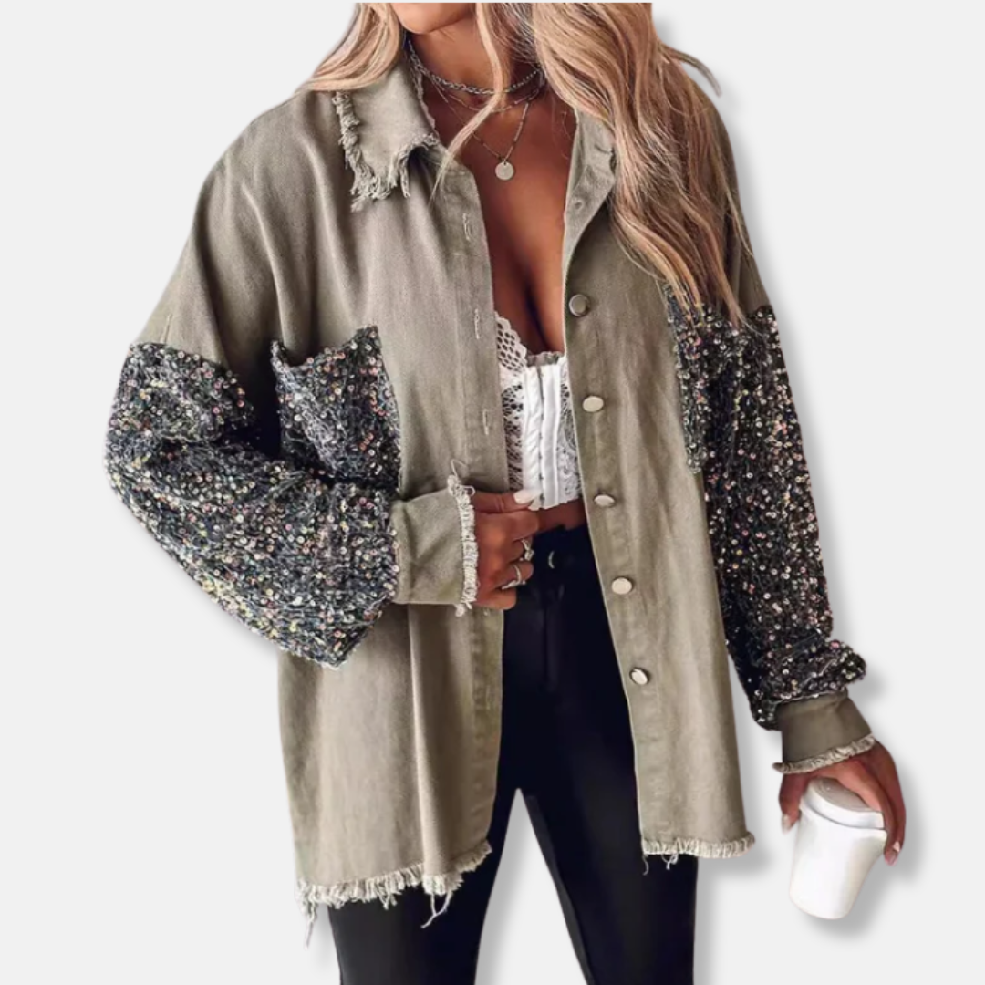 Dame denimjakke - bomuldsblanding - oversized pasform - tunikalængde - flossede kanter